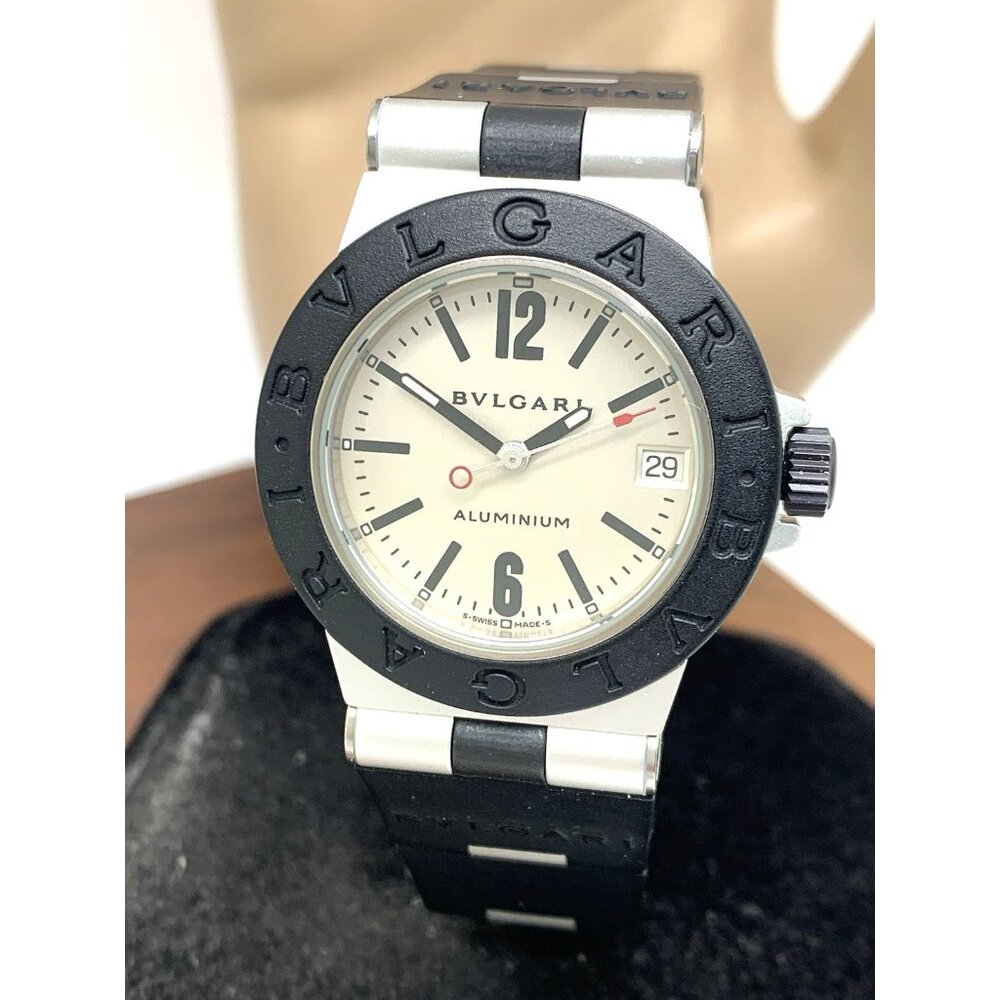 Bvlgari Women's Watch AL32TA Aluminum Swiss Quartz Silver Dial Black Rubber 32mm